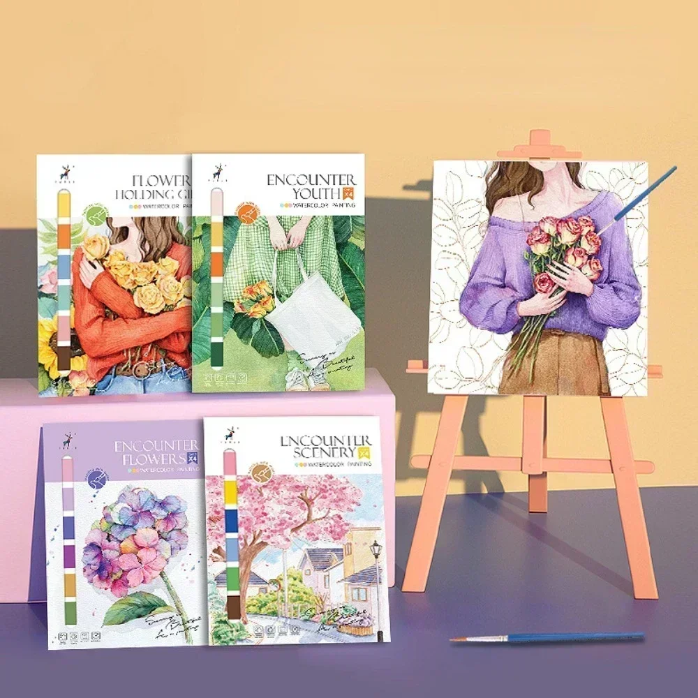 Portable Watercolor Painting Book 4 Sheets Coloring Books with Paint Brush Gouache Book Kids Graffiti Picture Drawing Stationery