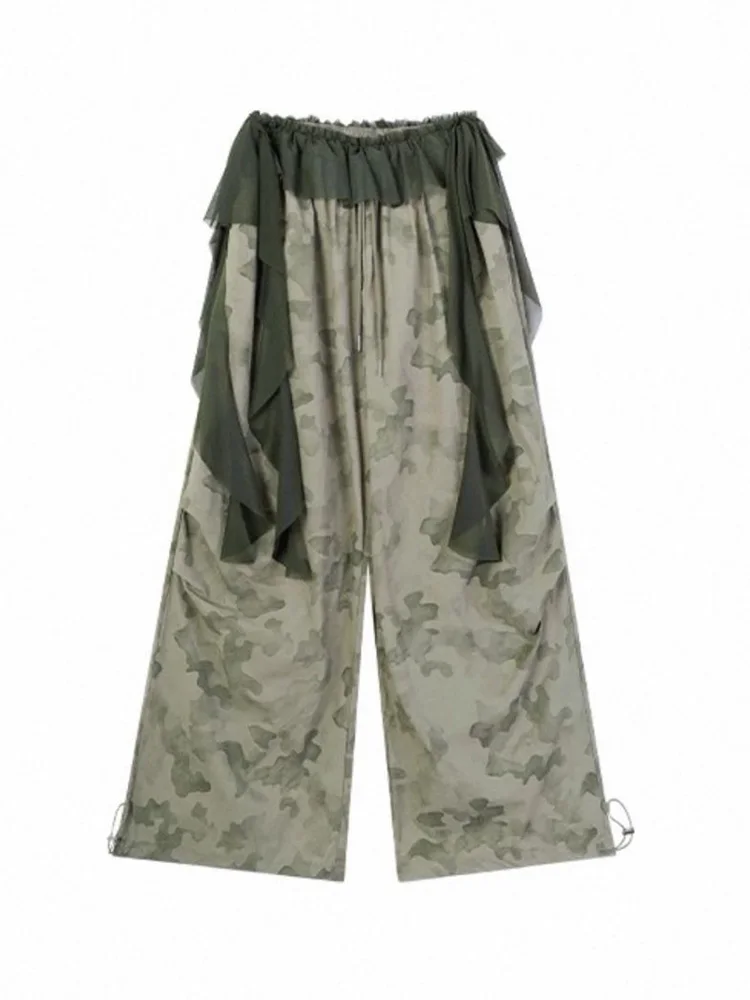 الأمريكية Y2K الهيب هوب الدانتيل المرقعة التمويه بانت المرأة الشارع الشهير البضائع السراويل خمر عالية الخصر الخريف تصميم واسعة الساق بانت