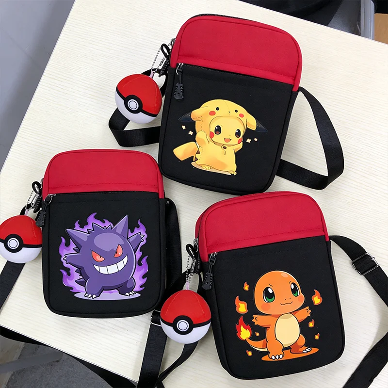 Sac à bandoulière en nylon pour téléphone portable, motif Pokémon mignon, sac messager, portefeuille et porte-monnaie Pikachu, Gengar, Charmander