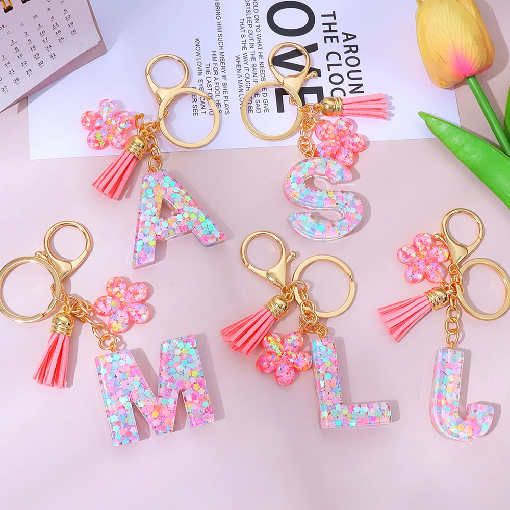 Pink Sequins Filled Letter Keychain With Resin Flower Girls Initial Name Pendant With Key Holder Backpack Bag Tag Decor Kid Gift