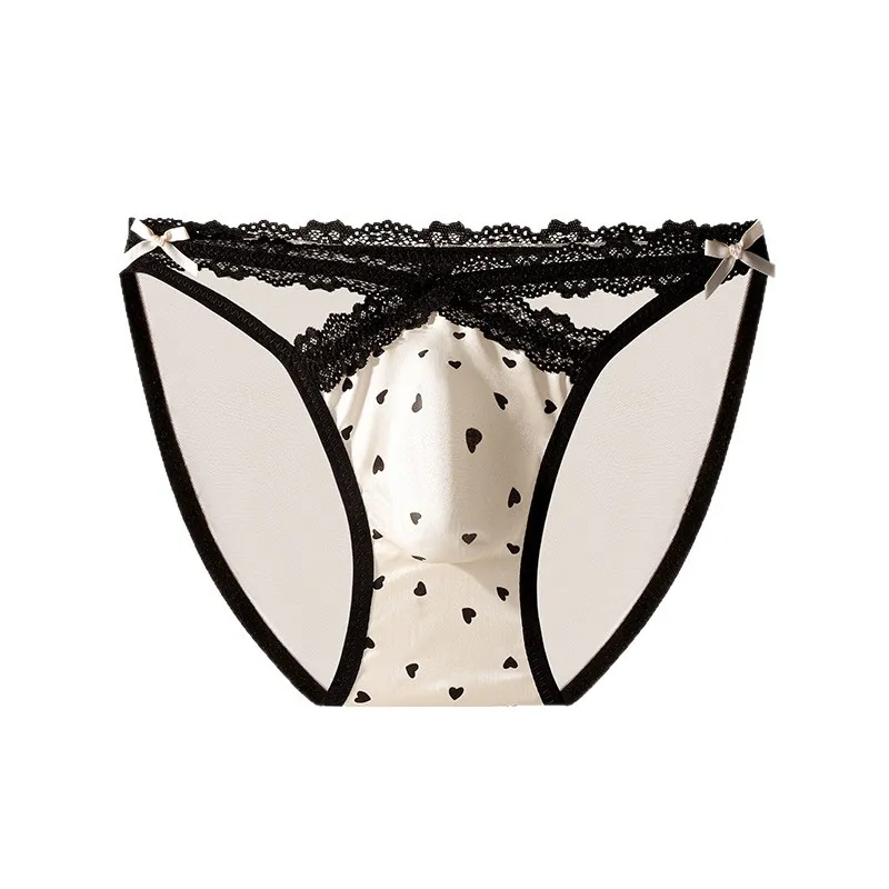 Sissy Lingerie Men's Briefs Ice Silk Printed Lace Bow Hollow Out Sexy Panties U Convex Pouch  Light Thin High Elastic Underwear
