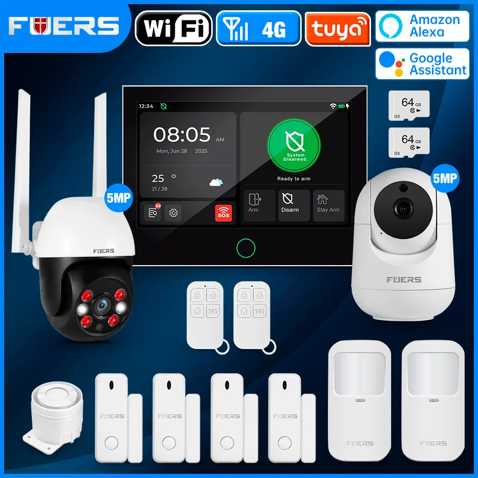 FUERS 7 Inch TFT Screen 4G LTE WiFi Tuya Smart Home Security Alarm System G70 FSK Wireless Home Burglar Security Alarm System