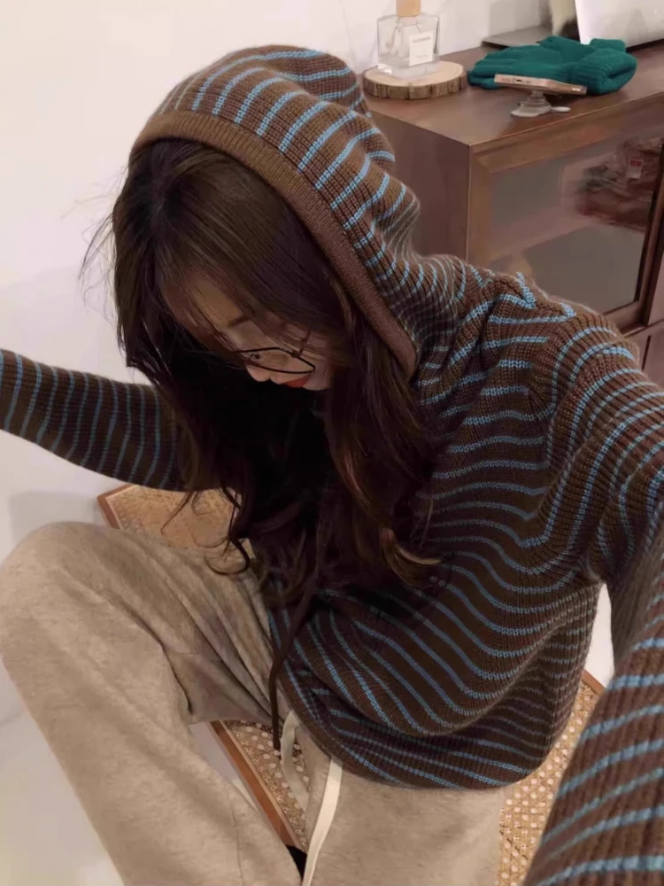 

Y2K американская толстовка в полоску в стиле ретро, женские топы большого размера с длинными рукавами, уличная одежда, пуловер, корейские модные толстовки, трикотажные пальто 2025