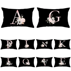 Light pink letter flower combination black plush pillowcase super soft living room sofa decoration rectangular cushion cover