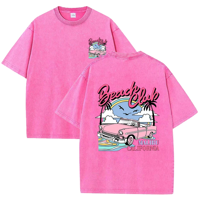 Beach Club Printing Snow Wash T-Shirt Womens Sport Cool Short Sleeve Unisex Cotton Retro Tops Casual Oversized Sportswear