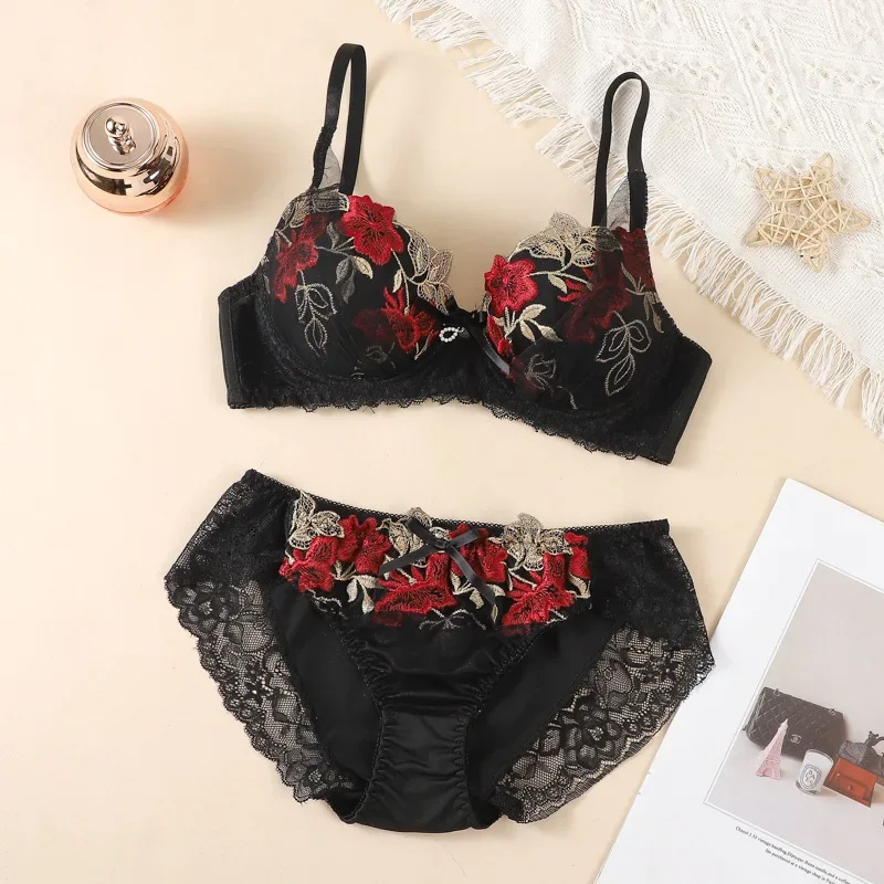 Sexy non-steel ring lingerie embroidered lace beauty back bra set non-steel ring side collection and lifting underwear