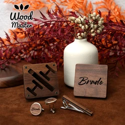 Custom Engraved Wooden Groom Accessories Set Personalized Walnut Box Wedding Gift, Bridal Party, Keepsake Cufflinks, Tie Clip