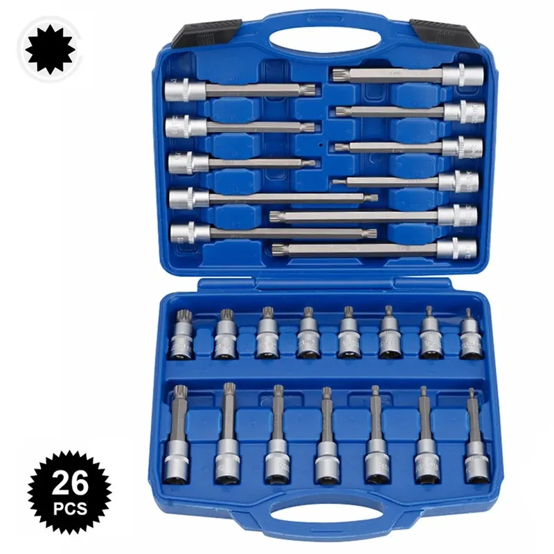 Juego de manguitos de enchufe extendido, 26/30/32 Uds., juego de manguitos de broca de presión, cabezal de llave, Kit combinado de enchufe Torx externo, herramienta de mano