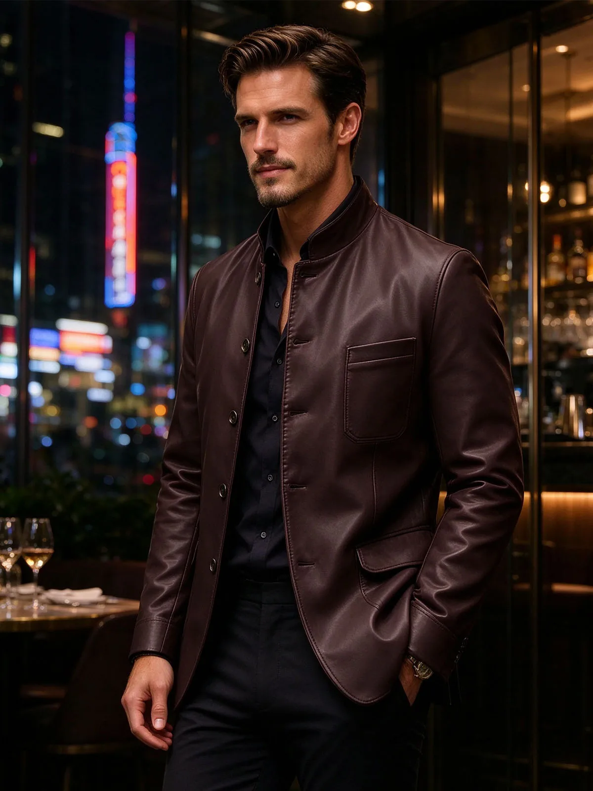 Men's Stand Collar Leather Jacket Single Breasted Casual Blazer Coat Multi Pockets Faux Leather Sport Coat For Business Outdoor