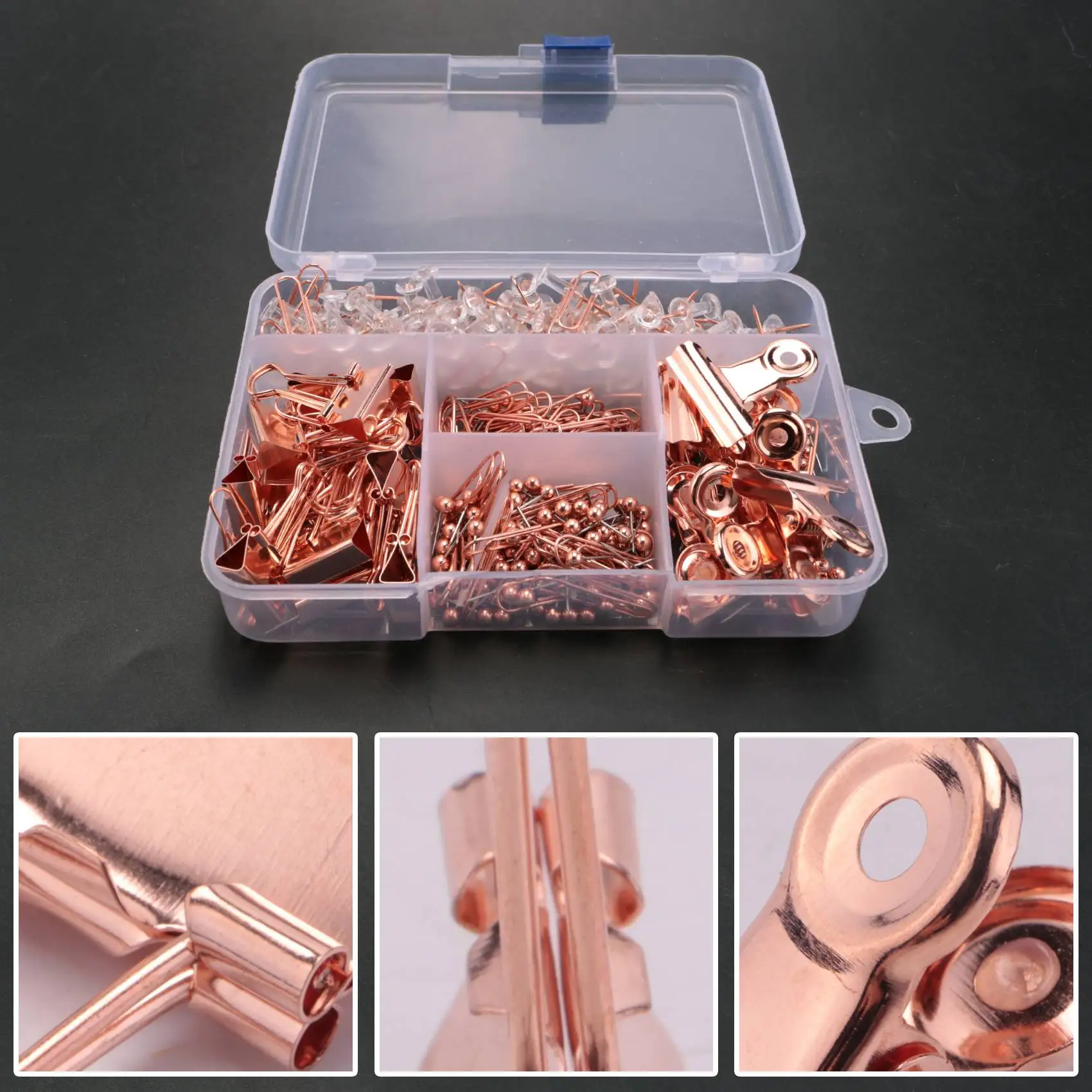 B68A Push Pins Binder Clips Paper Clips Map Tacks Sets, 5 Styles 500 Pcs Rose Gold Pack For Office, School And Home Supplies