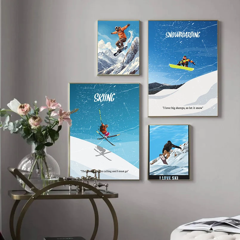 Vintage Minimalist Skiing Winter Sports Posters Ski Lodge Cityscape Prints Canvas Painting Wall Pictures Home Living Room Decor