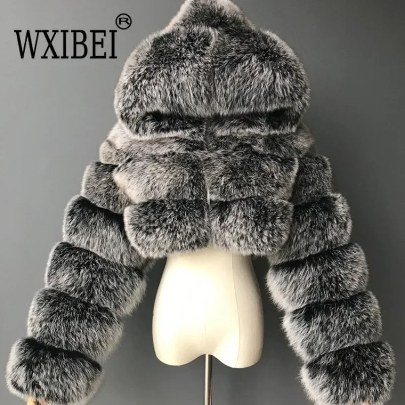 Autumn Furry Cropped Faux Fur Coats Jackets Women Fluffy Top Coat Hooded Straight Short Winter Fur Jacket Fashion Streetwear New