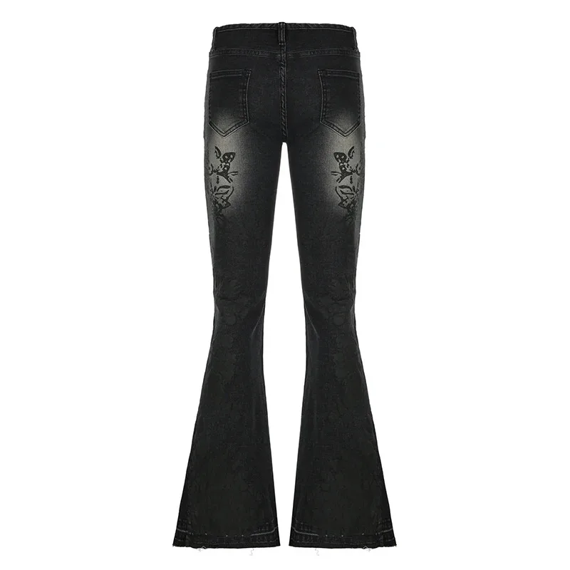 Streetwear y2k Flare Jeans Distressed 2000s Floral Print Low Rise Slim Denim Pants Korean Women Trousers Retro Mom Jeans