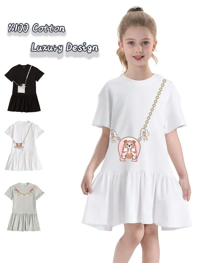 

Милое милое платье с бантом для девочек, лето 2024, детская юбка с короткими рукавами, модное платье принцессы с бантом и медведем, повседневная одежда, детские платья