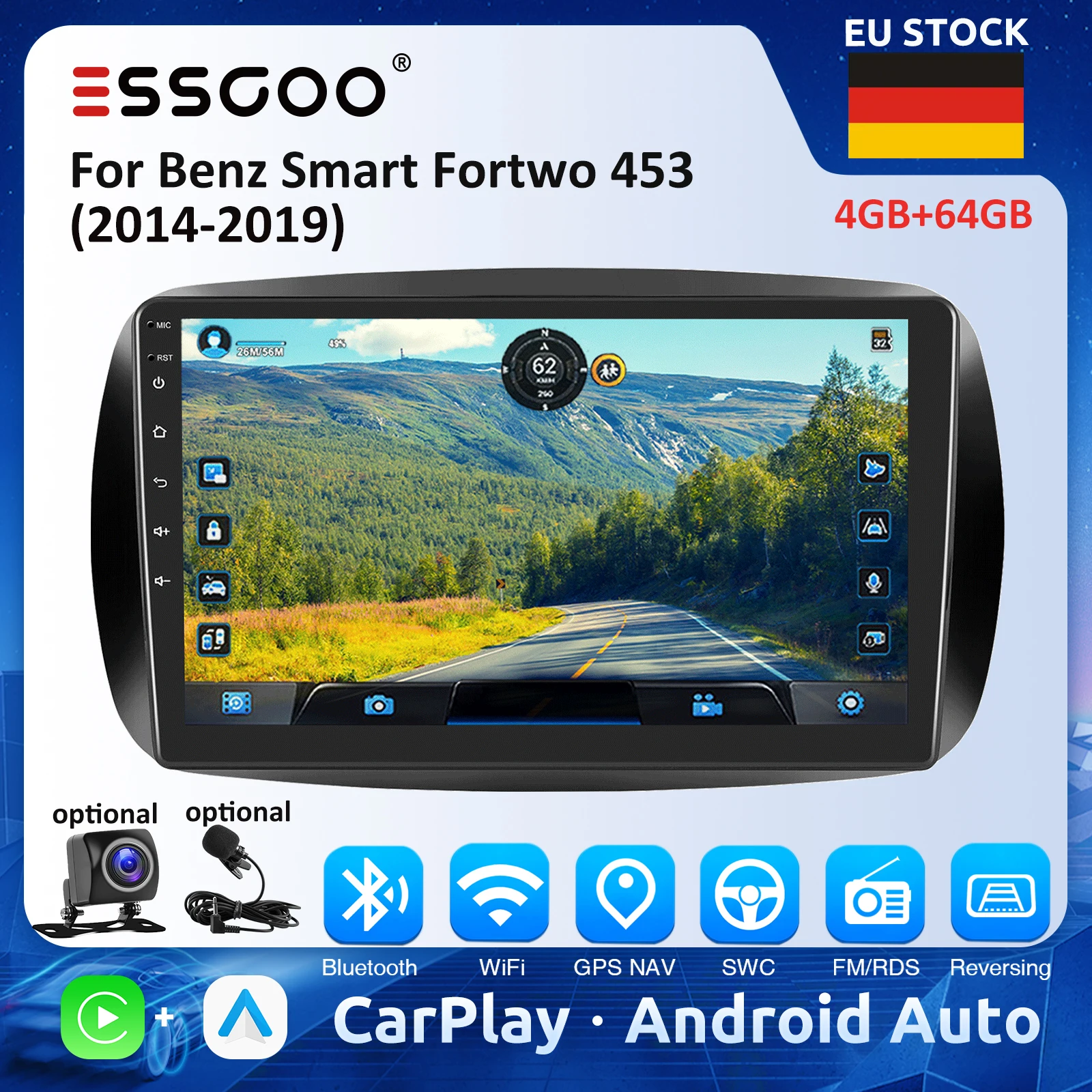 ESSGOO 9' Autoradio für Benz Smart Fortwo 453 2014-2019 Android Auto CarPlay Auto-Stereoanlage 4GB 64GB Automotive Multimedia Player