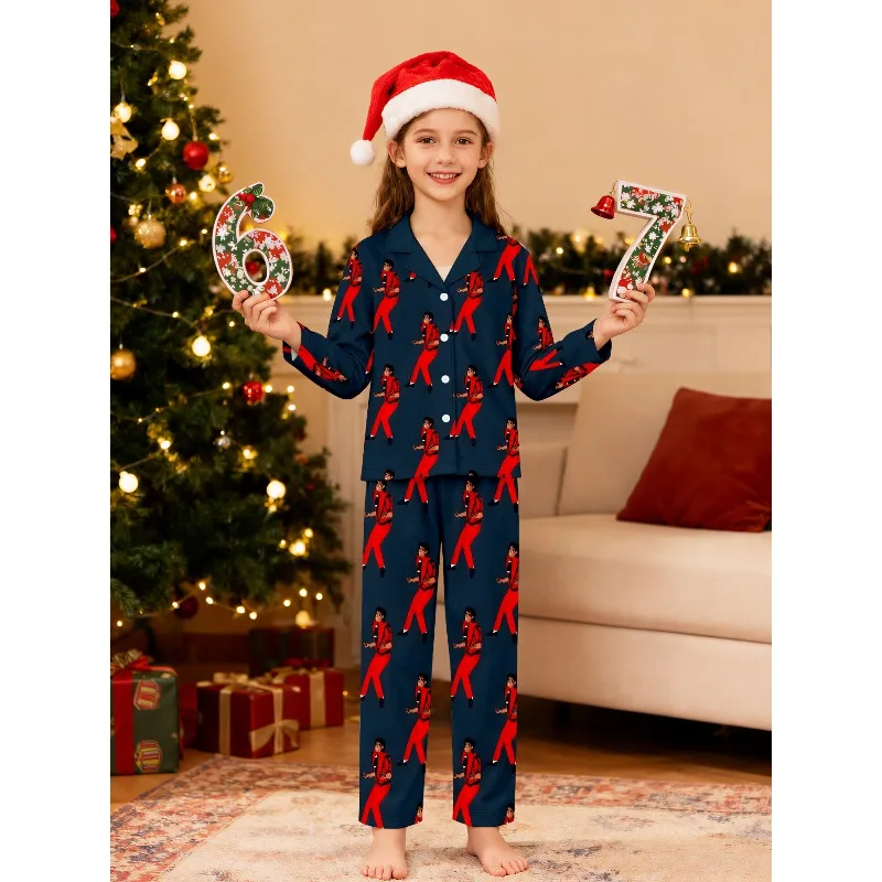 Girls Lapel Pajama Set Long Sleeve Nightwear, Assorted MJ Art Cartoon Portrait Prints, Perfect Birthday Xmas Gift