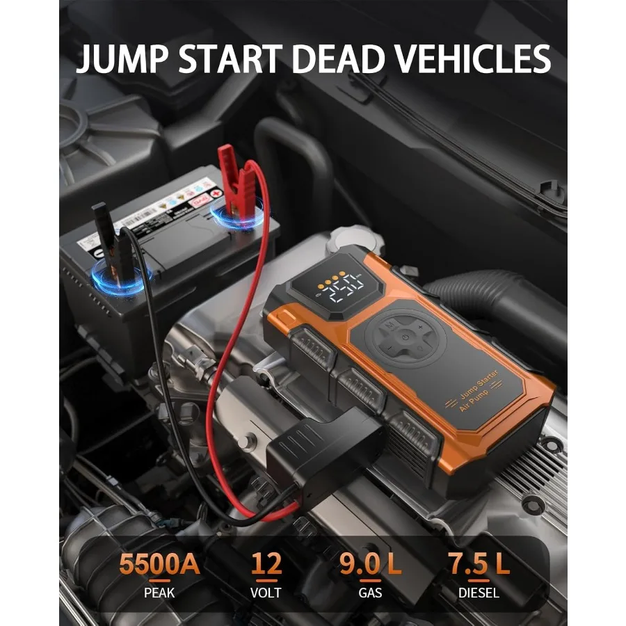 Portable Jump Starter with Air Compressor 5500A Car Battery Charger Power Jump Box for 12V Vehicles Up to 9.0L Gas and 7.5L Die