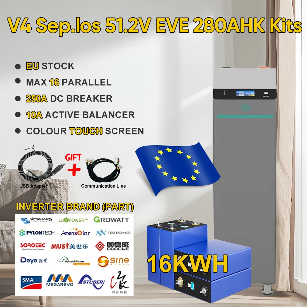 Poland Stock 14.5KWH V4 Seplos Lifepo4 Battery Kits  EVE280K Grade A+ With 10A Active Balancer Home Solar Free Shipping EU