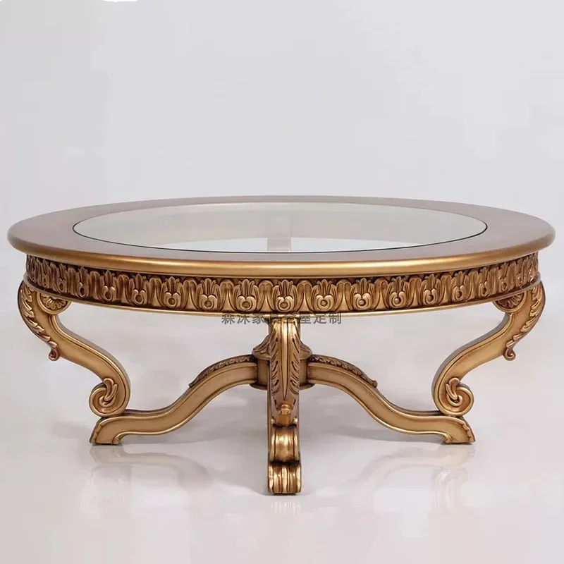 To European Classical Carved Solid Wood Glass Top Round Coffee Table French Vintage Villa Living Room Gold Center Table