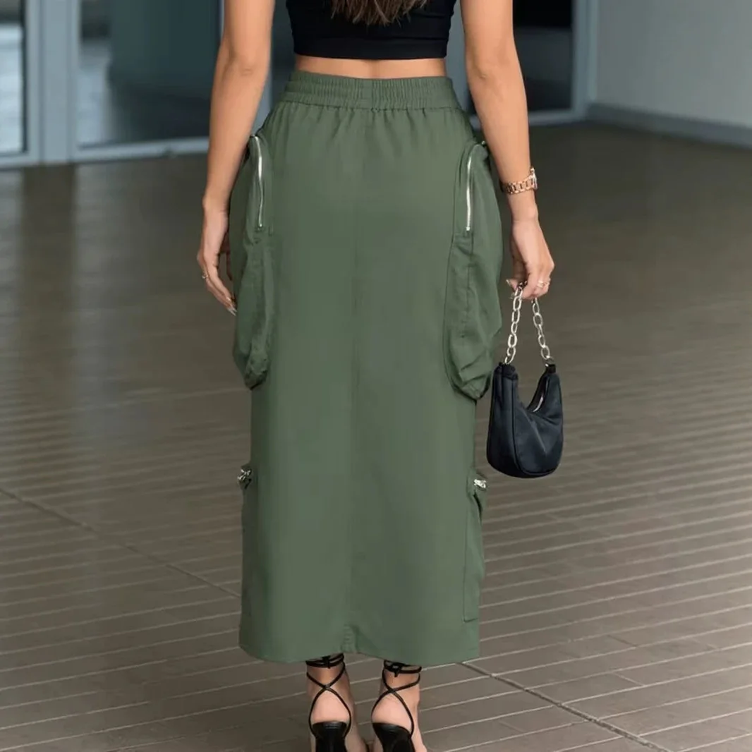 Women's Casual High-waisted Zipper Splicing Multi-pocket Loose Tooling Cargo Half-length Skirt