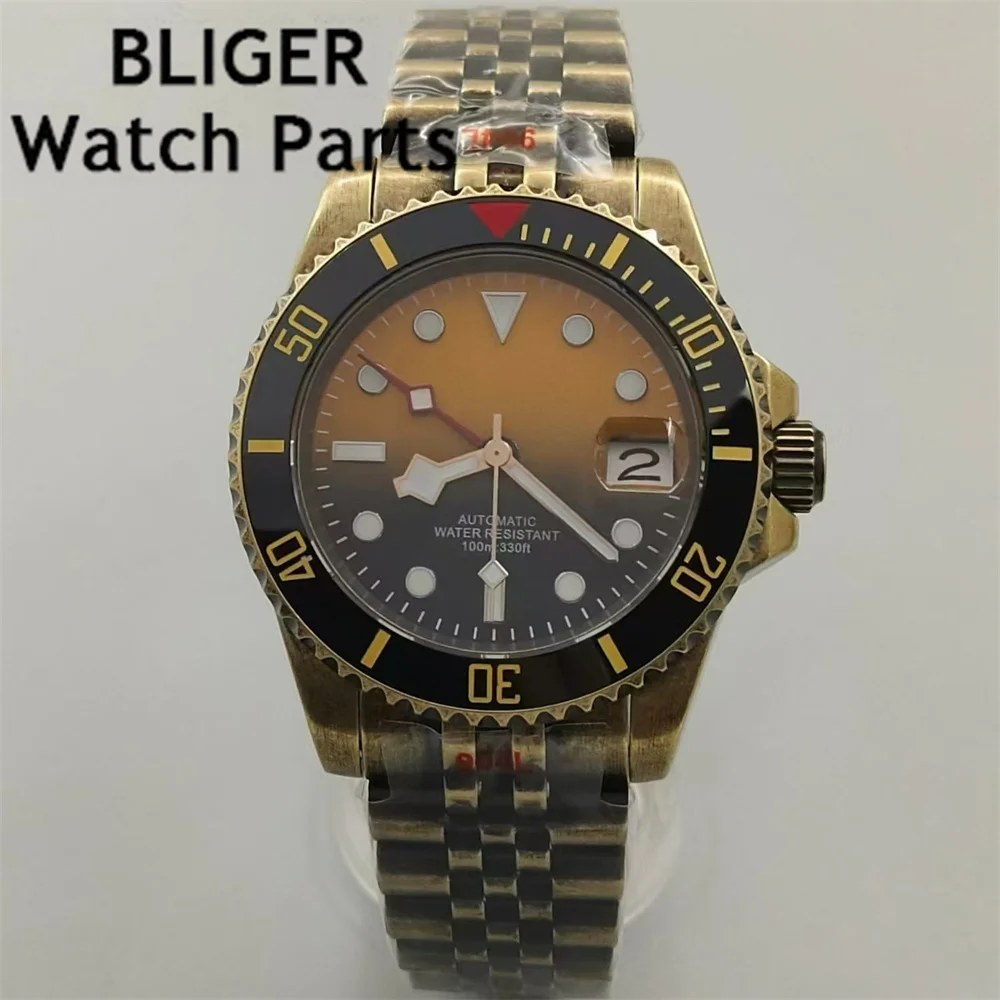 BLIGER 40mm NH34A Bronze Men's Automatic Watch GMT Function Black Yellow Dial Sapphire Glass Stainless steel Case Green Luminous