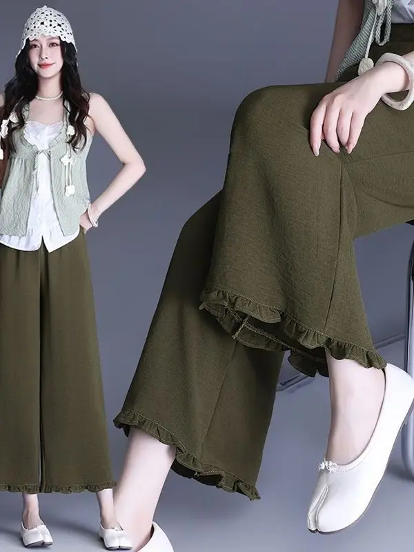 Casual Cotton Linen Wide Leg Pants Loose Fit Thin Summer Large Size High Waist A-Line Trousers for plus Size Women