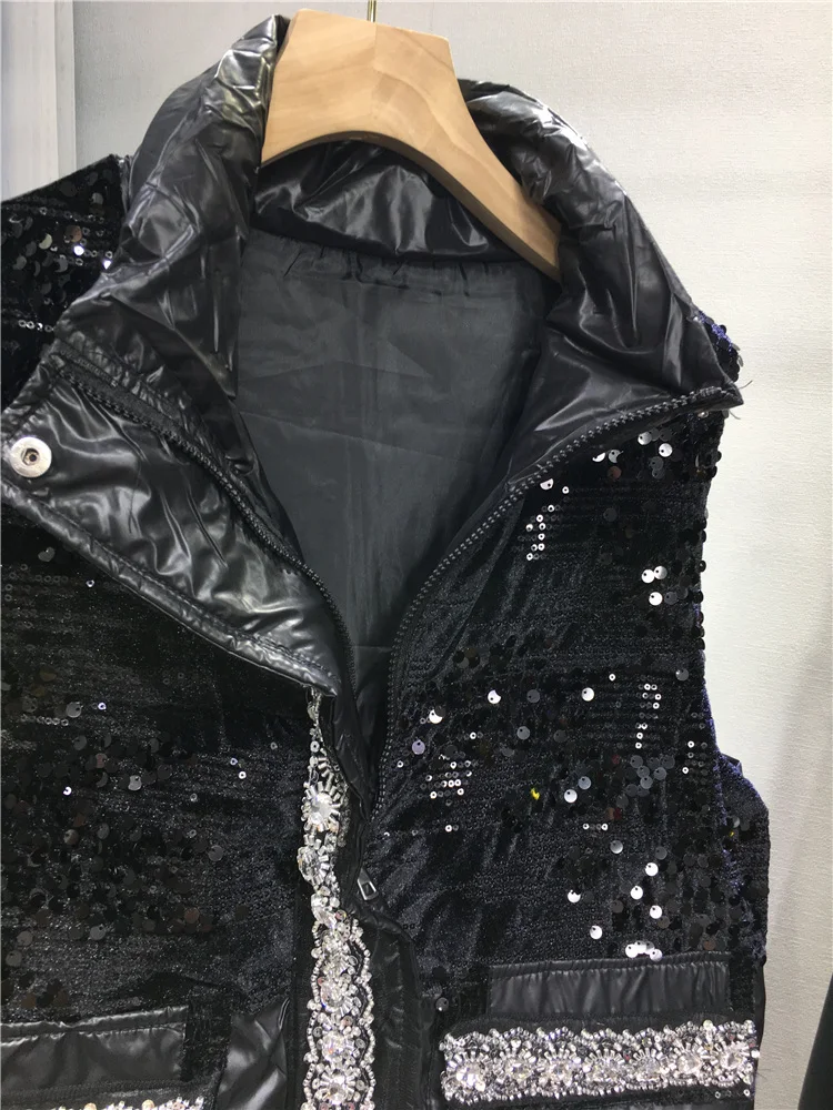 Sequins Beaded Black Versatile Stand Collar Vest for Women 2024 Autumn and Winter Sleeveless Puffer Jacket Cotton-Padded Coat