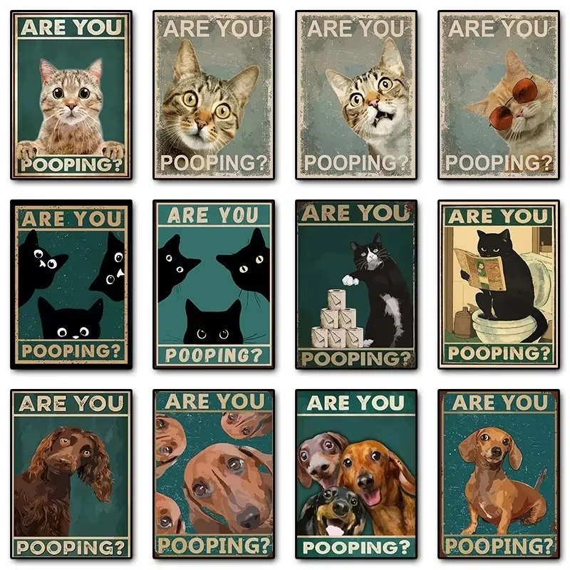 Oil Painting by Number Kit Funny Cat Dog Are You Pooping Bathroom Humor Canvas Wall Art for Adults DIY Home Decor Gift
