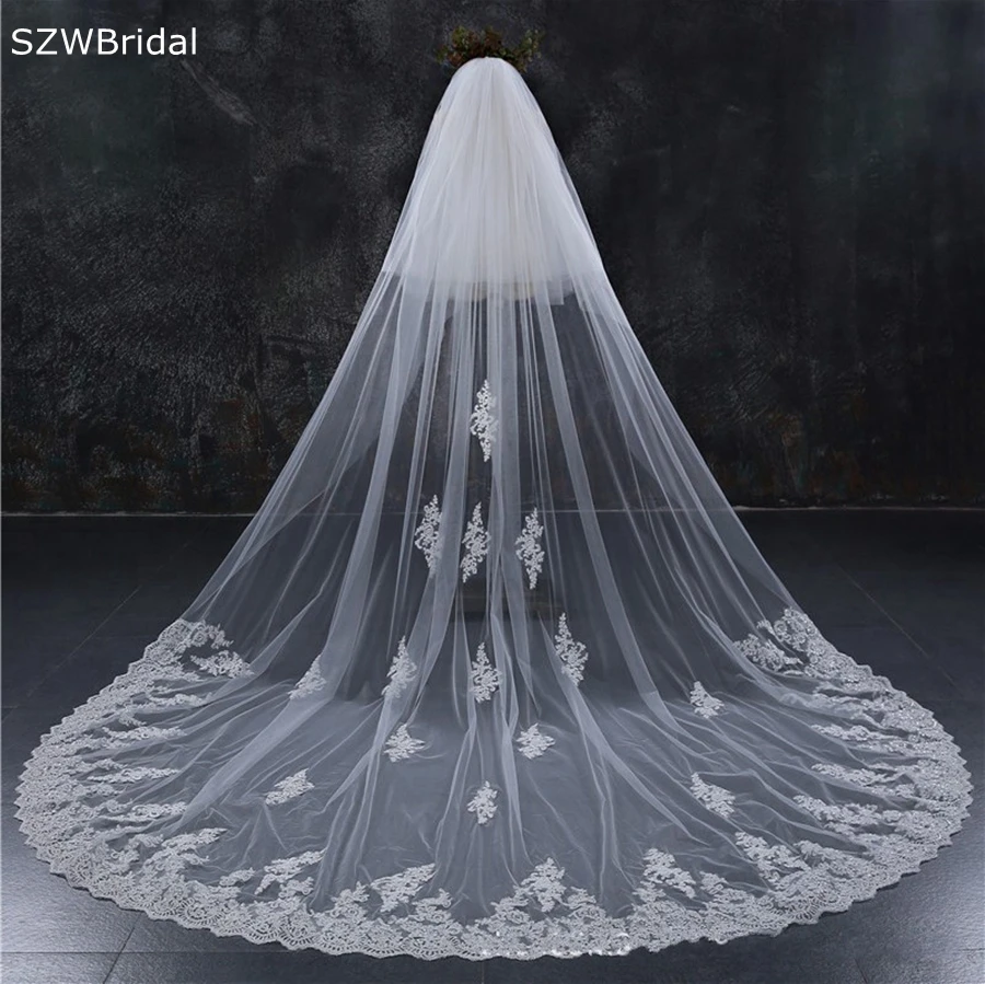 New Arrival Two Layers Cathedral Wedding veils Lace Appliques White Ivory Bridal veil velos de novia boda mariage