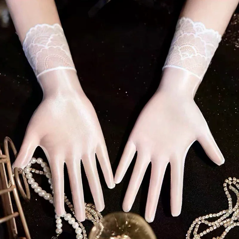 Women Oil Glossy Tight Stocking Gloves Sexy High Elastic Transparent Ultra-Thin Clubwear Short Wrist Gloves