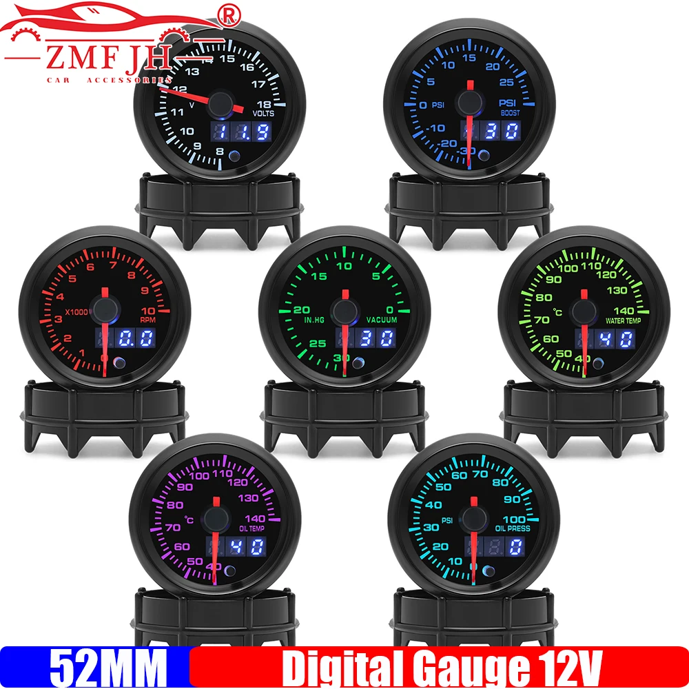 

ZMFJH 7 Color LED Pointer 2"52MM Gauge with Sensor Digital Tachometer Turbo Boost Meter Water Temperature Oil Pressure Voltage