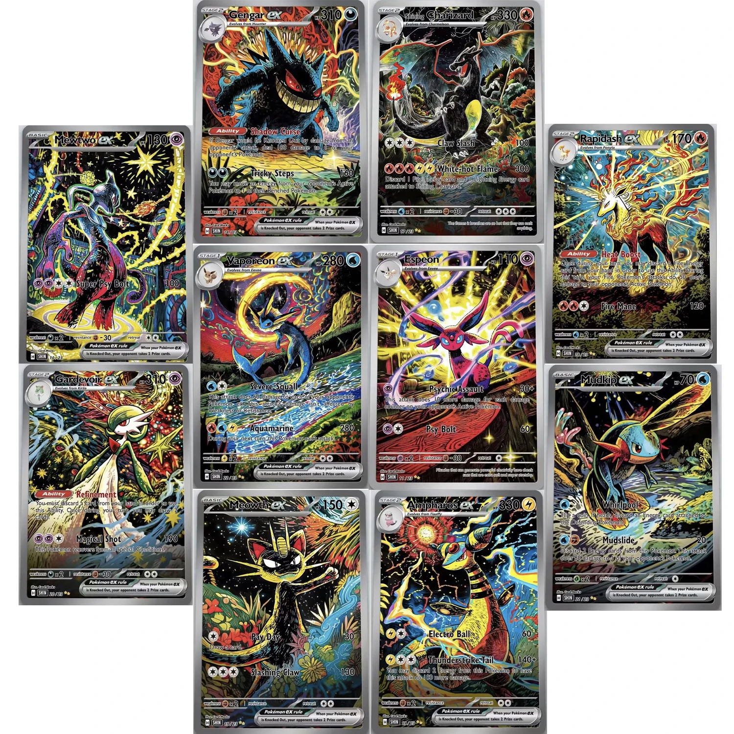 PKM PTCG Card Dark Fantasy Style Set Art Gengar Shining Chaizard Rapidash Custom Collectible Anime Game Cards with Holographic