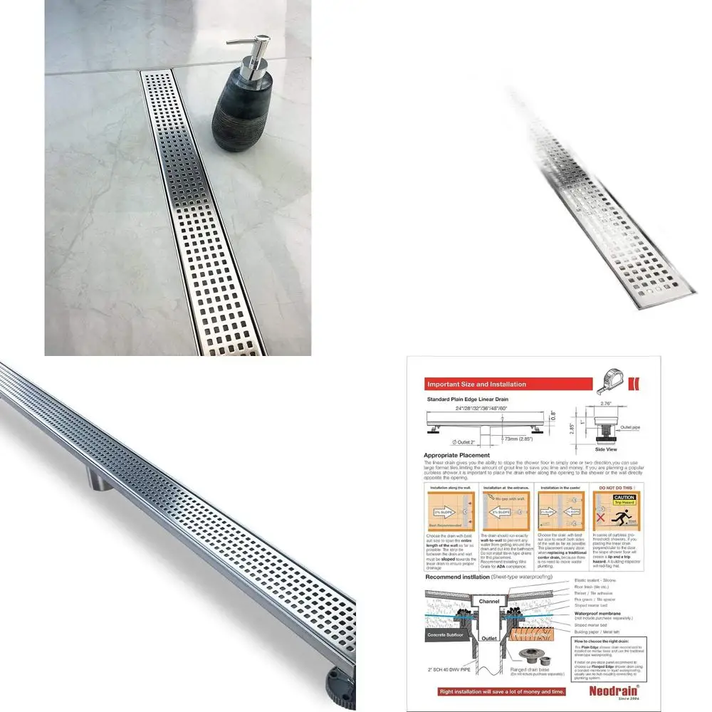 

48 Rectangular Shower Drain with Detachable Quadrato Grate, Brushed Stainless Steel, Leveling Feet & Hair Catcher