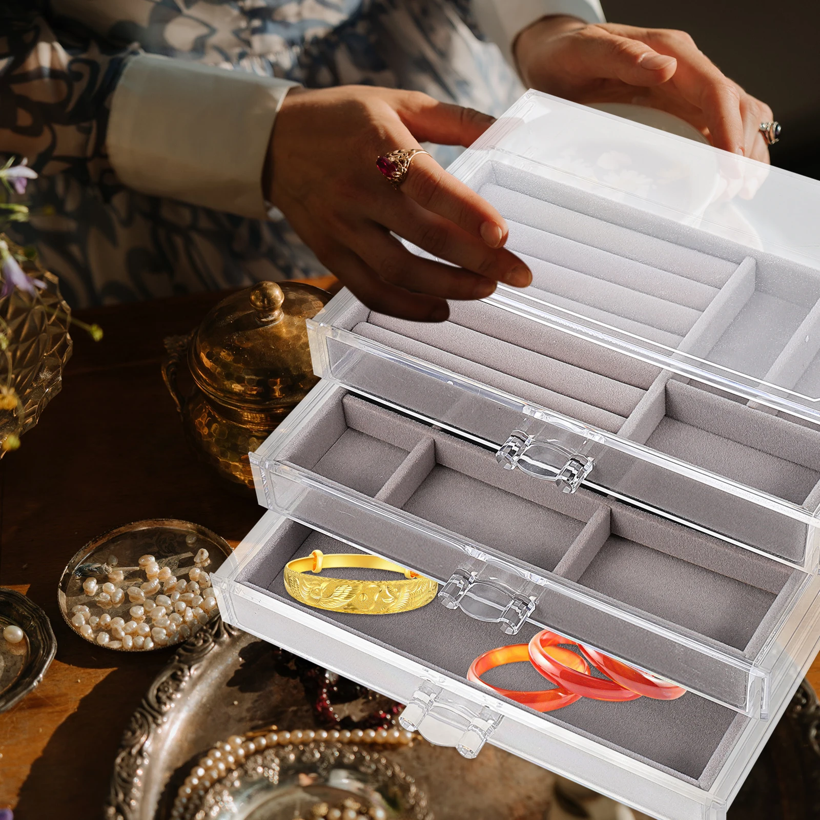 

Jewelry Storage Box Display Stand Organizer Drawer Desktop Case Earring Ring Holder Dressing Table OrganizingMulti Functional