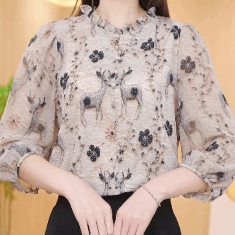 

Elegant Women New Print Pullover Top Summer Lightweight Breathable 3/4 Sleeve Shirt