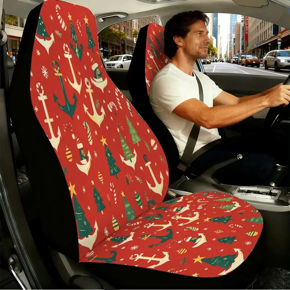 2pcs Christmas Anchor And Tree Pattern Car Seat Covers Suitable For Front Seats, High Back Design, Material, Suitable For Cars,
