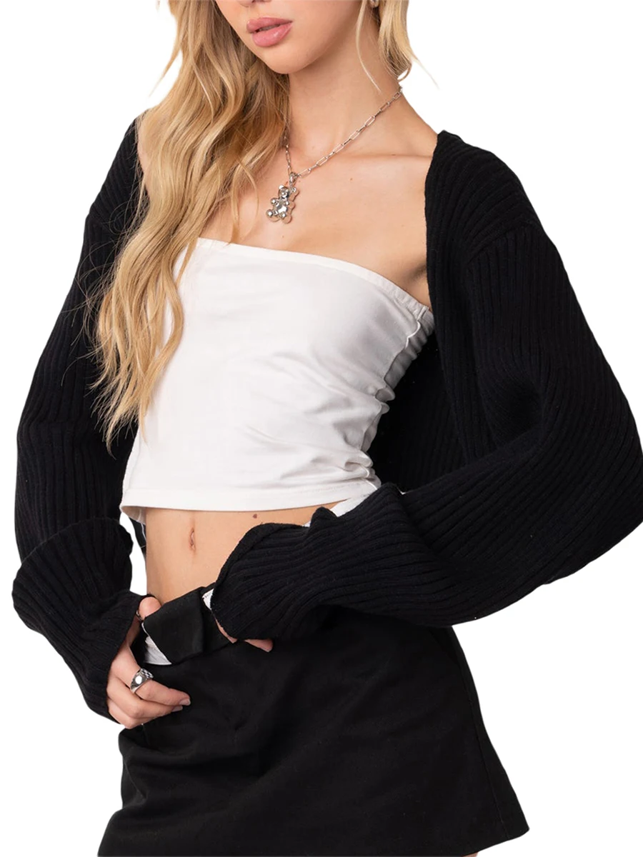 

Shunvnny Women Knitted Open Front Bolero Cardigans Long Sleeve Cropped Shrugs Y2K Knitwear