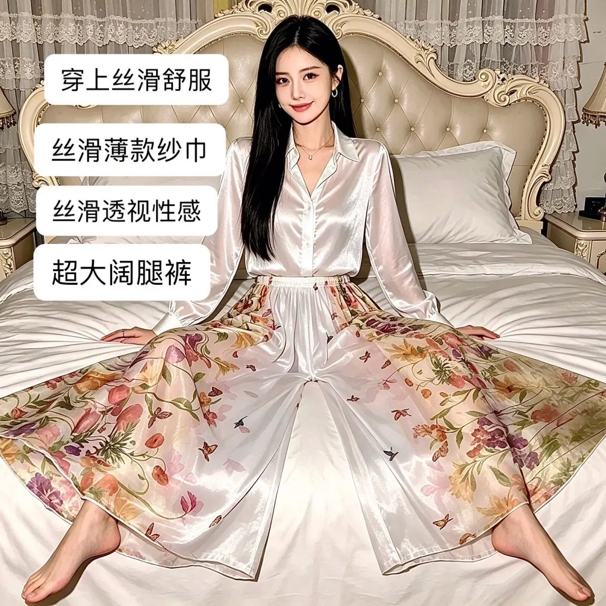 Mesh voile wide leg women trousers men Floral print loose sleeping plus size pants
