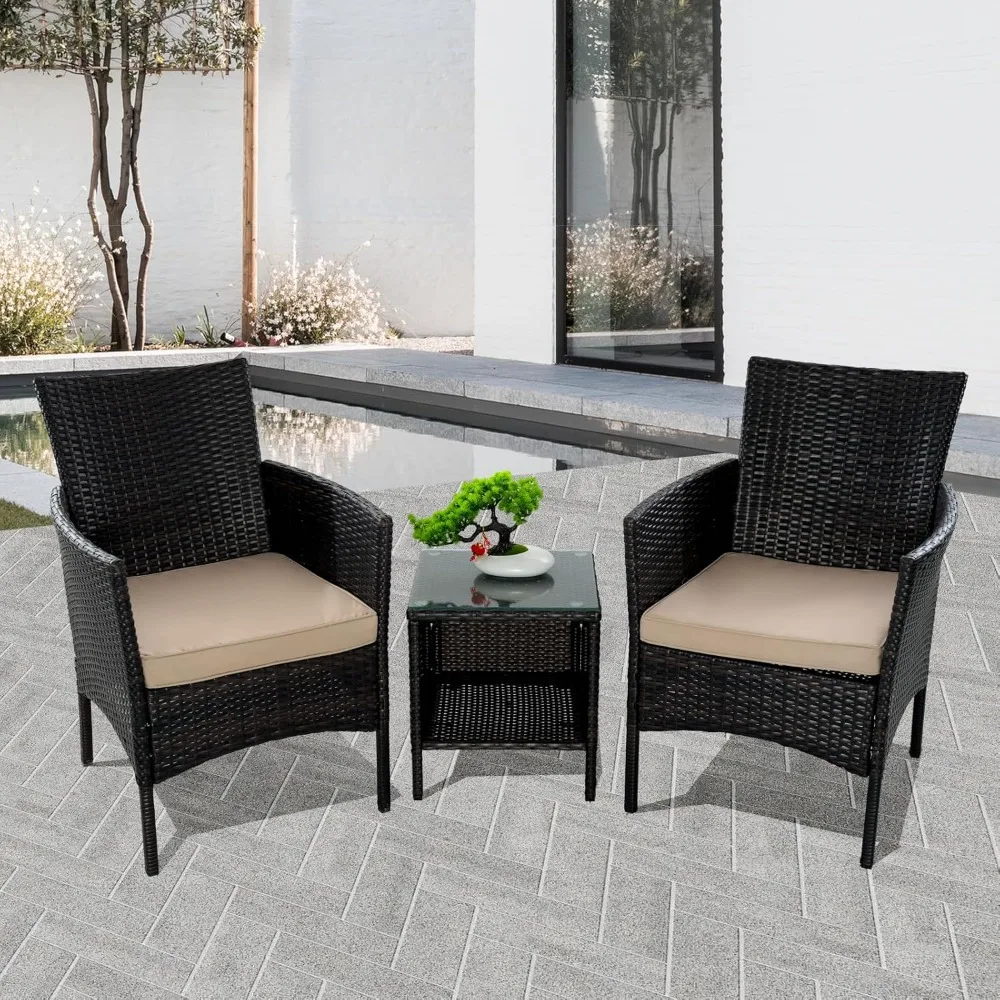3-piece Terrace Furniture Set, Outdoor Terrace Furniture Set with PE Rattan Wicker Chairs and Table