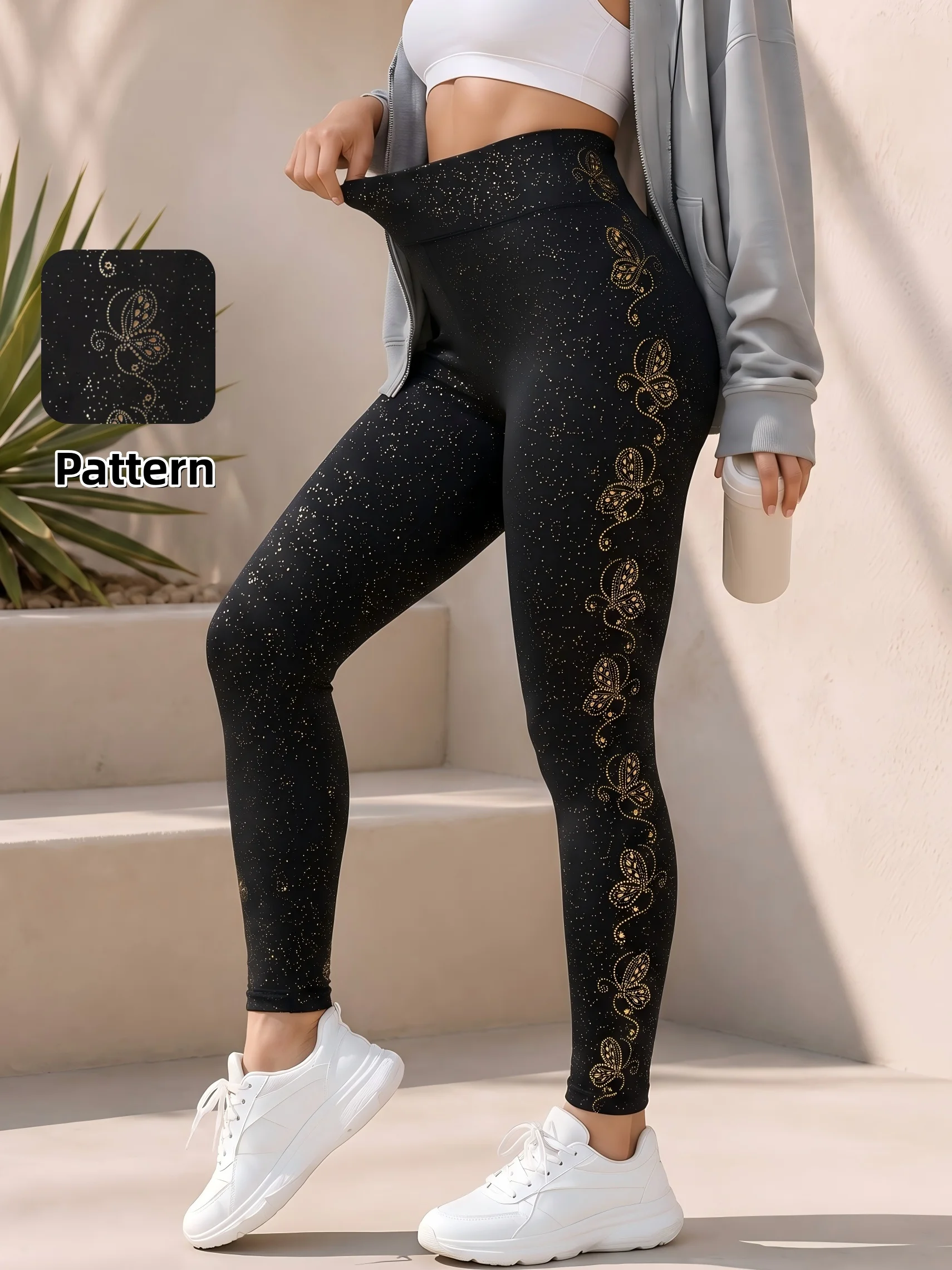 1er-Pack goldene Leggings mit Schmetterlings-Glitzer-Print, hoher Taille, weichem Stretch und modischem Slim-Schnitt für den Alltag – Detail 2