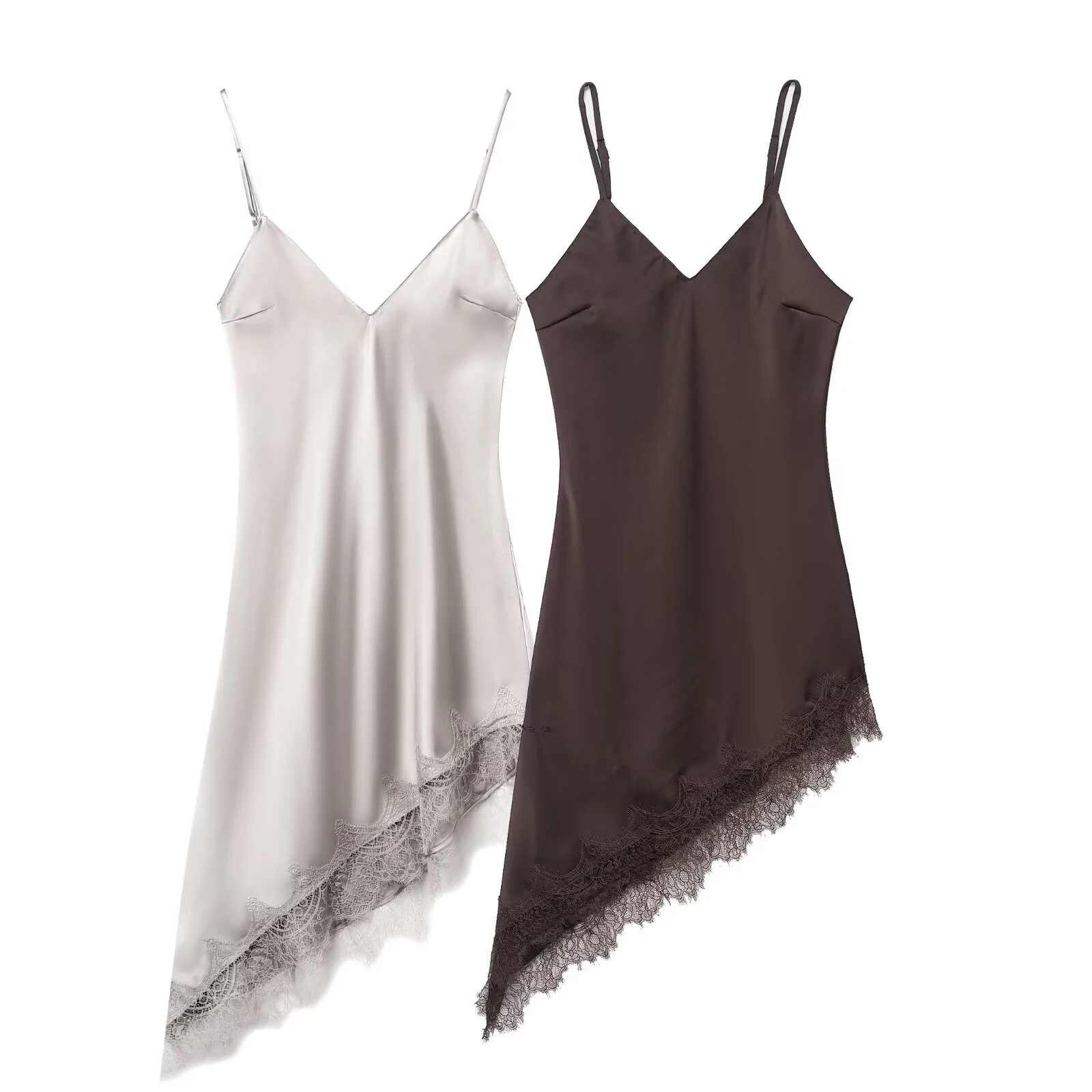 Estilo europeo y americano 2025 invierno nuevo vestido de textura satinada con detalle de encaje asimétrico con tirantes y cuello en V para mujer