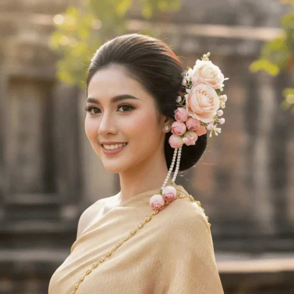 

Barrettes Sweet Flower Hair Comb Tassel Pearl Thailand Flower Hairpin Ethnic Style Bohemian Thai Hair Accessories Girls