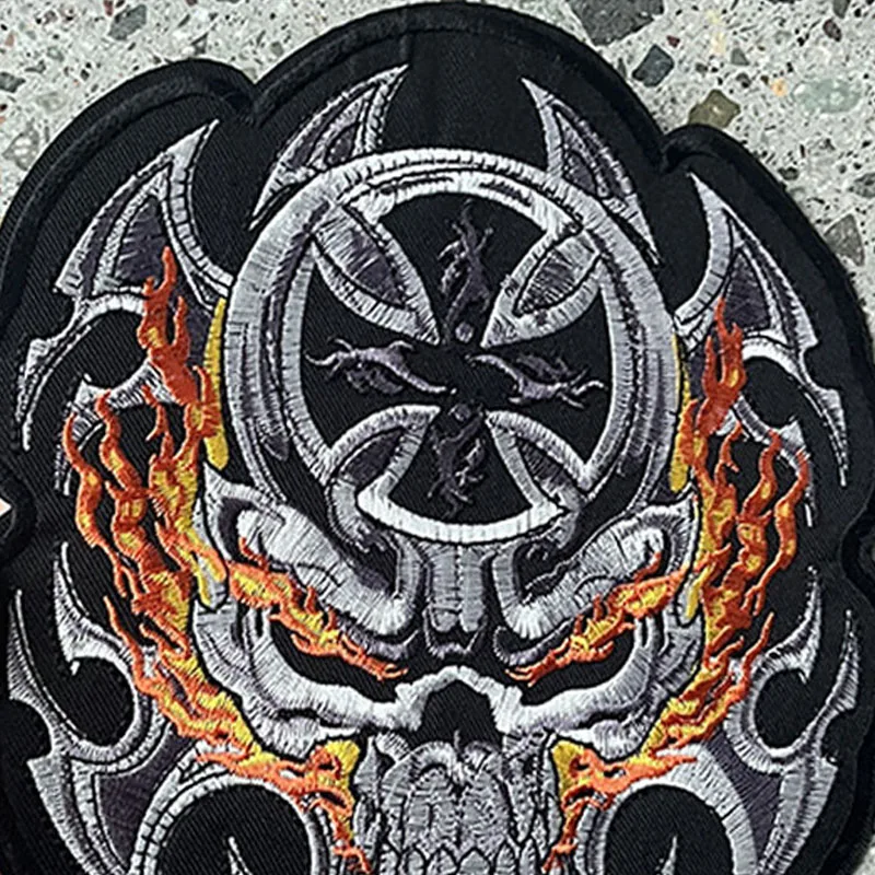 Fire Skull Back Embroidered Patch Motorcycle MC Biker Patch Iron On Patches For Clothing Sew Motor Racing Rider For Vest Jackets