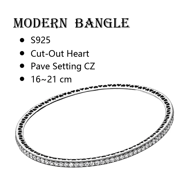 Silver 925 Original Rigid Wrist Bracelets Bangles For Women Fine Jewelry Channel Setting Zircon Stones Milgrain Cut Out Hearts