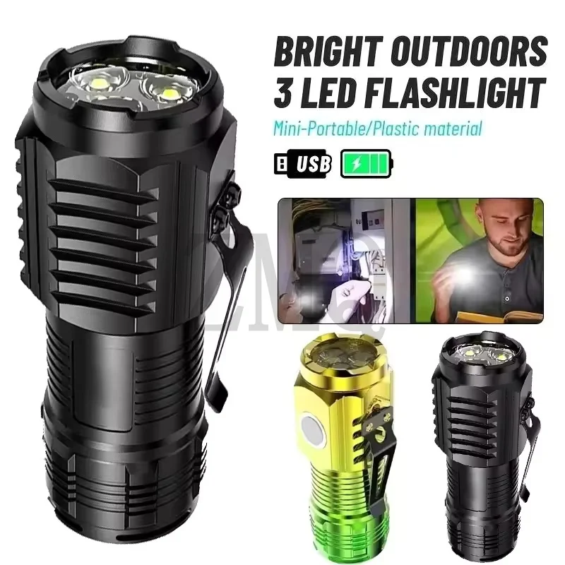 

3LED Super Bright Flashlight Portable Mini Burst Flash Torch Rechargeable Outdoor Emergency Spotlight with Pen Clip Tail Magnet