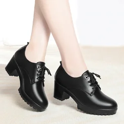 Spring Autumn lace-up Thick Sole Women Pumps Shoes High Heels Comfortable Breathable Square Heel Solid Soft Leather Shoes