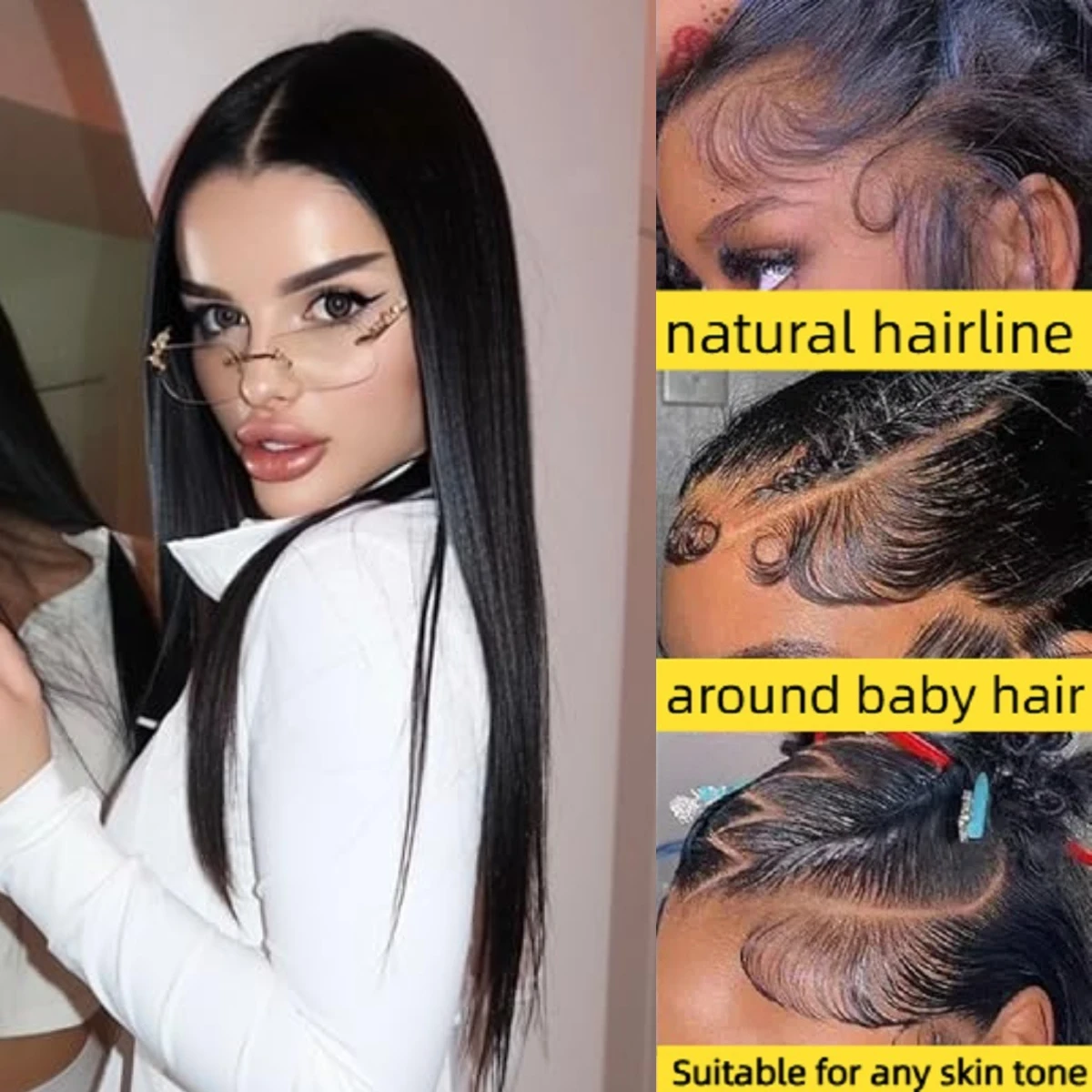 Perucas retas glueless do cabelo humano para mulheres, pre arrancadas, pre corte, 7x4, densidade de 200%