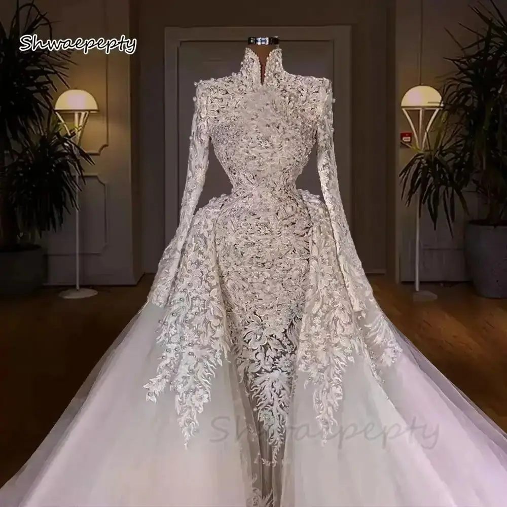 2025, muslimisches Hochzeitskleid, Stehkragen, lange Ärmel, Spitze, Perlen, Perlen, Tüll, abnehmbare Schleppe, maßgeschneidertes Elfenbein-Brautkleid
