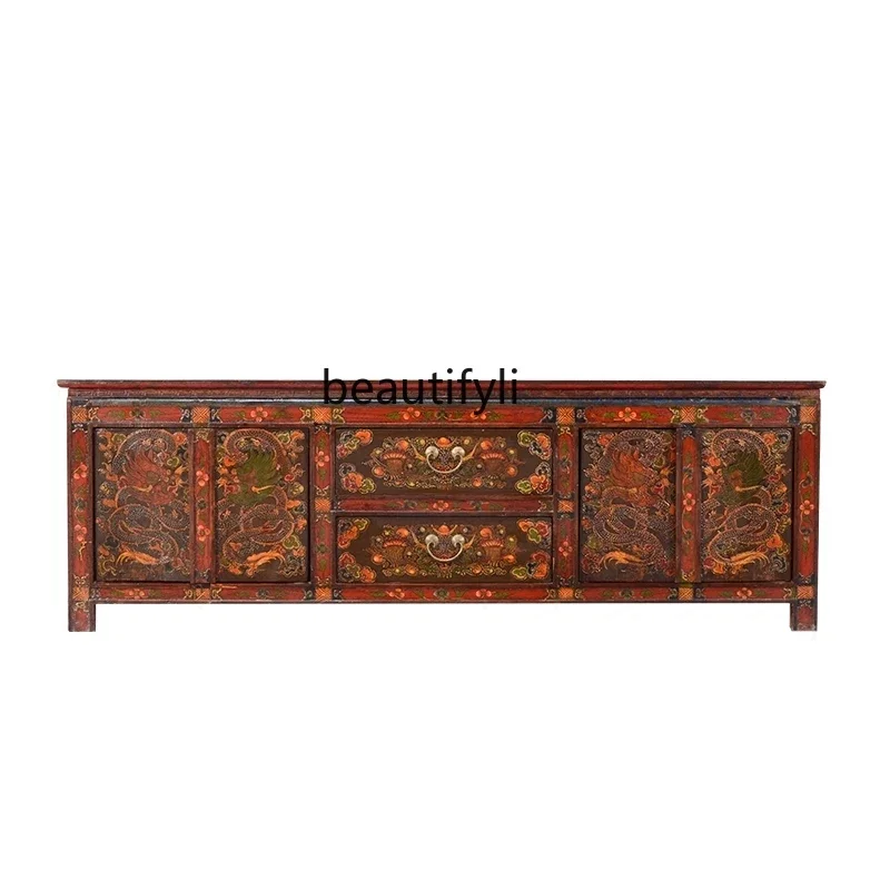 

TV Cabinet in Chinese Antique Style Painted Storage Floor Cabinet Solid Wood Sitting Room Cabinet Decorative Low Cabinet