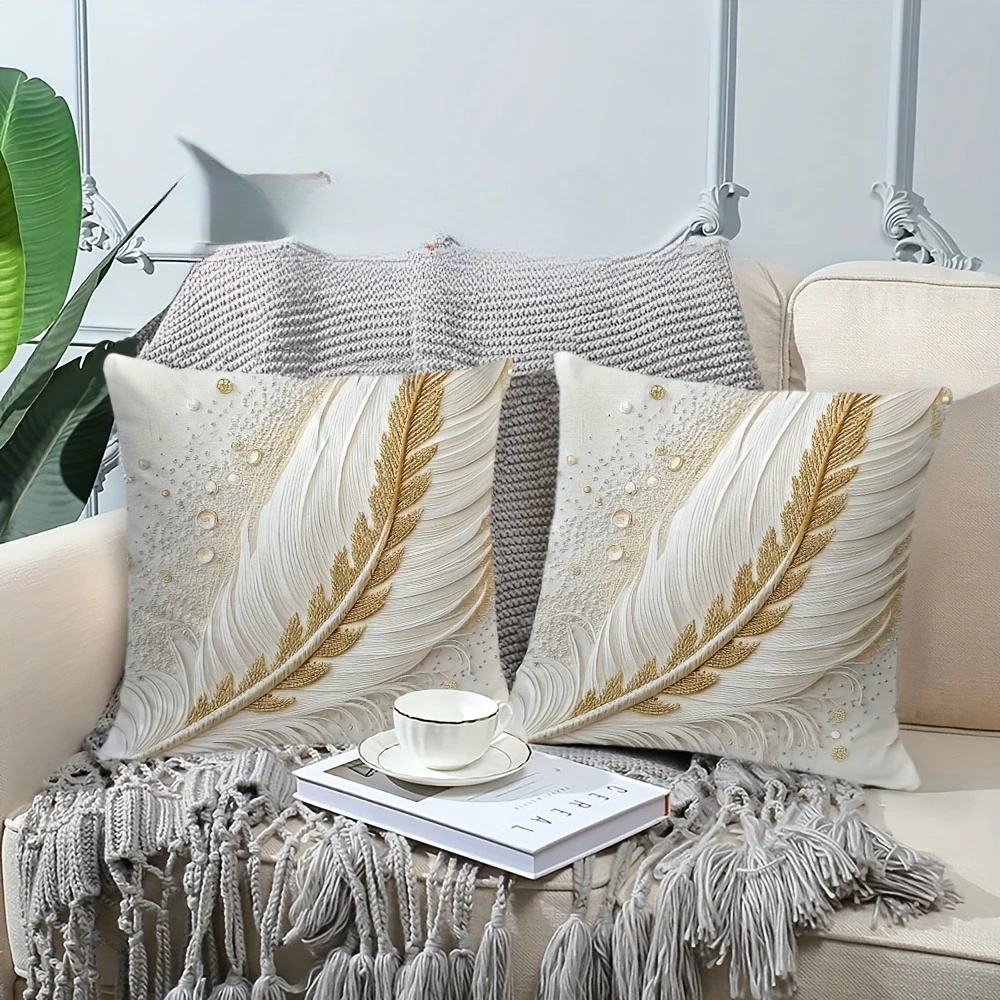 Short Plush Flat Printing Elegant Golden Feathers Throw Pillow Covers,  Non-real Embroidery Abstract Beige Comfortable Bedding,